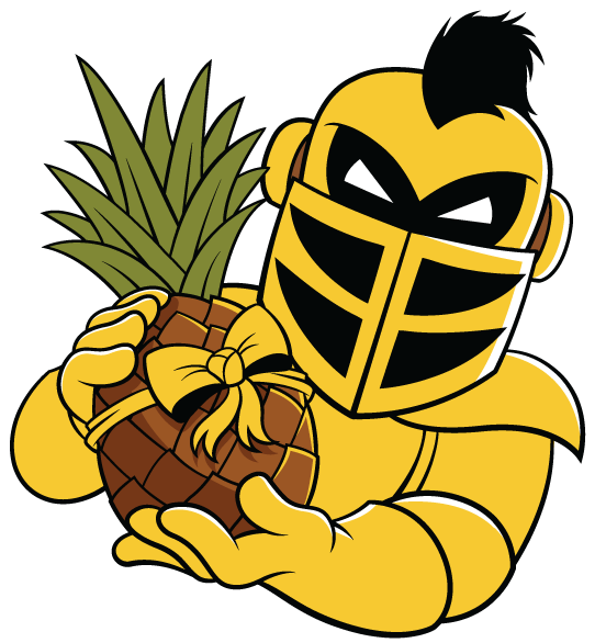 Knightro, the UCF knight mascot, illustrated holding a pineapple tied with a gold bow