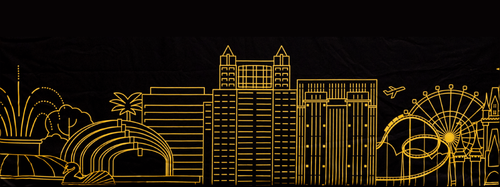 Gold line-art Orlando skyline with hotels, a roller coaster and a Ferris wheel on black