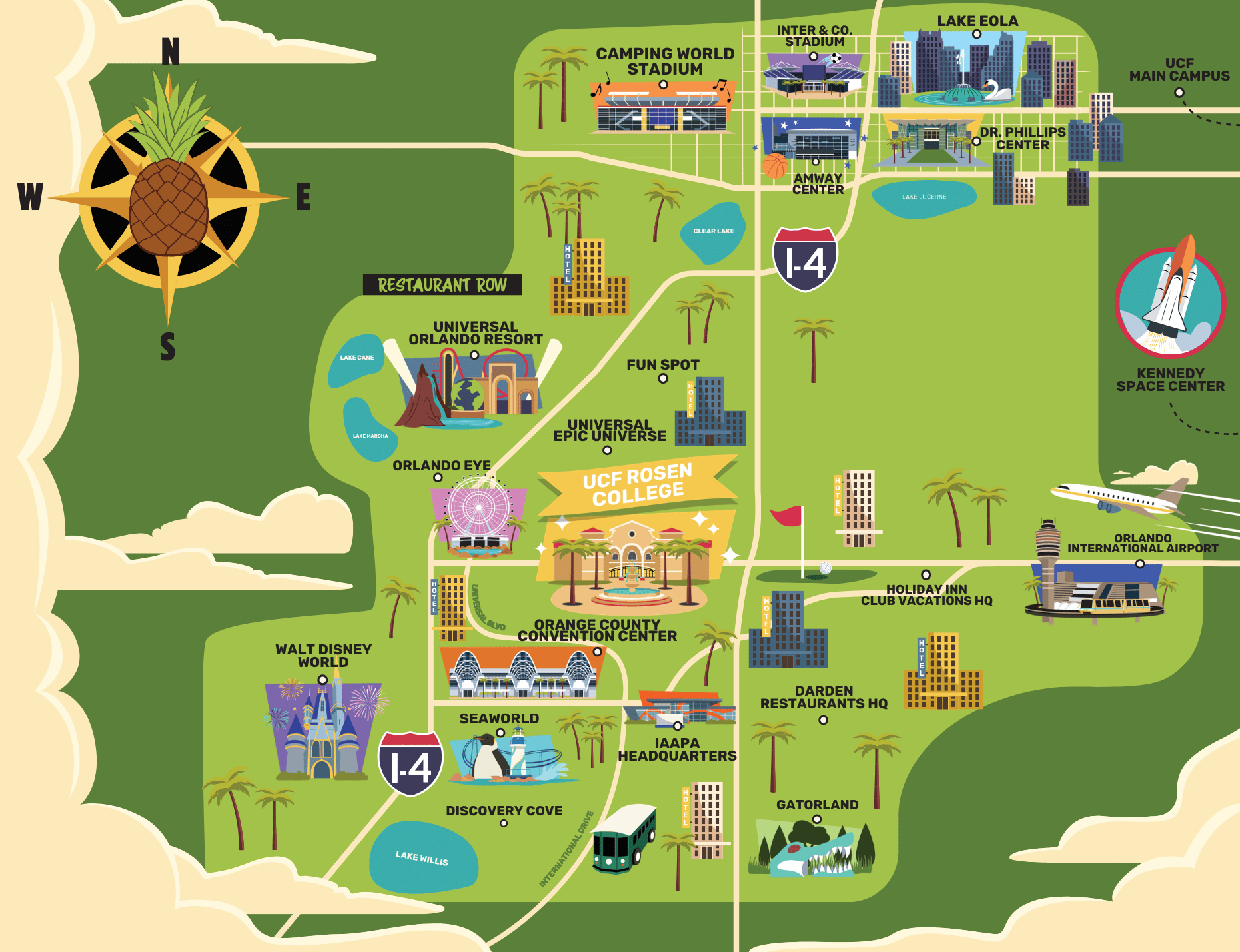 Illustrated map of Orlando placing UCF Rosen College near theme parks, the convention center and the airport