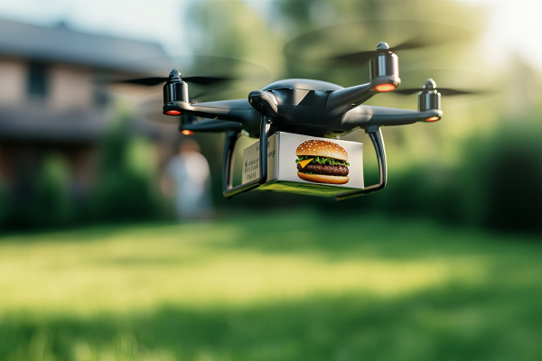 A drone carrying a fast food delivery package with a hamburger image.