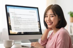 A woman in a pink sweater smiling at the camera while sitting at a desk with a computer displaying a Paris travel guide.