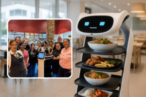 Composed image showing a group of restaurant staff gathered around a service robot in a kitchen on the left, and a food‑serving robot carrying multiple trays of dishes on the right.