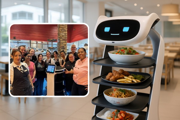 Composed image showing a group of restaurant staff gathered around a service robot in a kitchen on the left, and a food‑serving robot carrying multiple trays of dishes on the right.