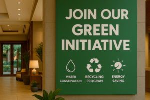 Indoor scene with a green initiative sign, recycling bins, a bench, and plants.