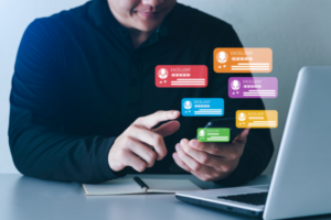 Person interacting with a smartphone with floating colorful reviews.