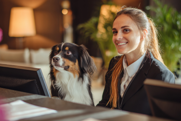 Woman sitting at a hotel front desk with a dog beside her.