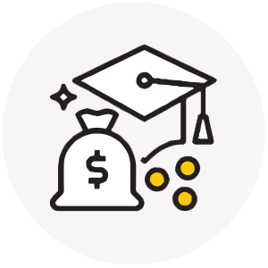 Icon of a graduation cap, a money bag with a dollar sign, and gold coins representing scholarships and financial aid.