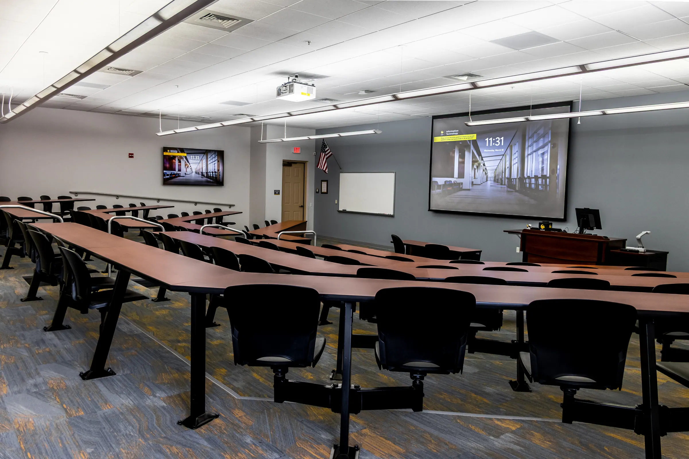 Tiered classroom with presentation screen